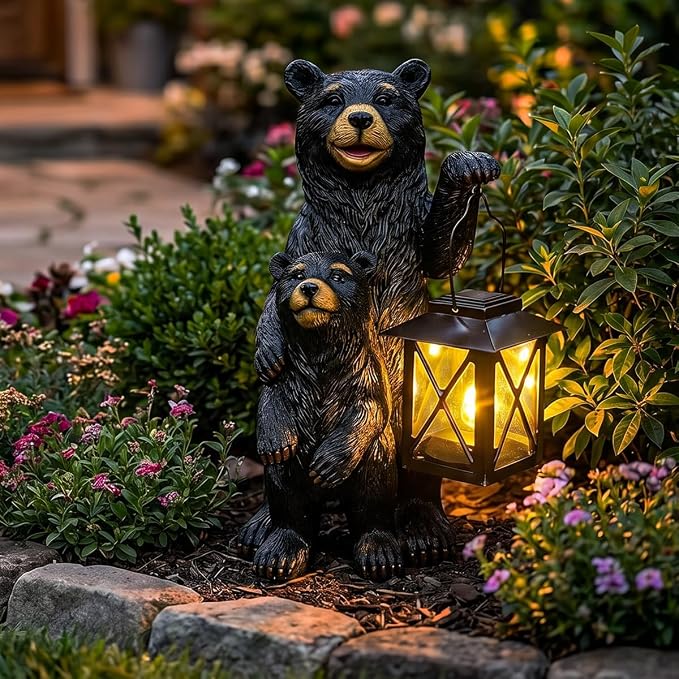 Black Bear Garden Statue with Solar Lantern, Bear Figurine Lights for Outside, Yard Garden Decor Unique Birthday Housewarming Gifts for Women, Mom