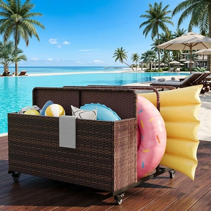 Pool Float Storage Organizer with Rolling Wheels, Outdoor Wicker Rattan Pool Caddy & Toy Storage Basket, All-Weather PE Rattan Holder for Pool Noodles, Life Vests, Beach Balls, Equipment, Patio Deck