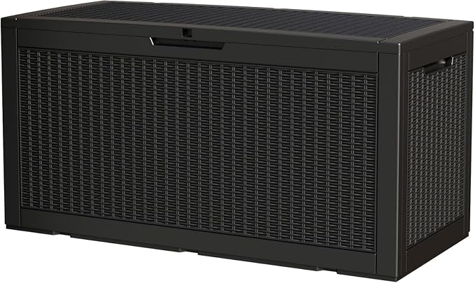 100 Gallon Storage Box, Waterproof Resin Deck Box with Hydraulic Piston Design, Lockable Storage Bench for Package Delivery, Storage Bin for Patio Cushions, Garden Tools, Black