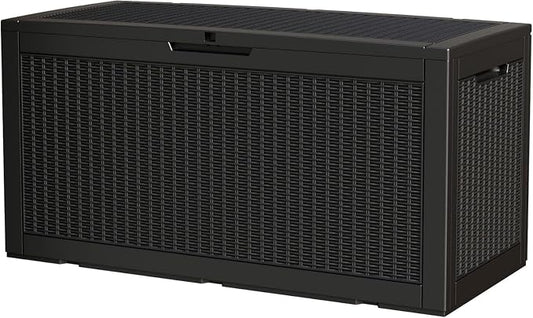 100 Gallon Storage Box, Waterproof Resin Deck Box with Hydraulic Piston Design, Lockable Storage Bench for Package Delivery, Storage Bin for Patio Cushions, Garden Tools, Black