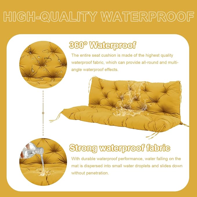 Premium 5"Thick Waterproof Outdoor Swing Cushions Sturdy Durable 2-3 Seat Replacement Porch Swing Cushions with Backrest&Ties Bench Cushion for Outdoor Furniture Backyard Patio(Yellow60x40in)