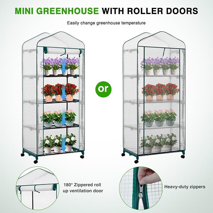 Yesker Mini Greenhouse 27"x20"x63" Portable Indoor / Outdoor Small Green House with 4 Tier 4 Shelves Wheels Thicken PE Cover Compact Greenhouses Kit for Winter Gardening Balcony Patio Backyard, White