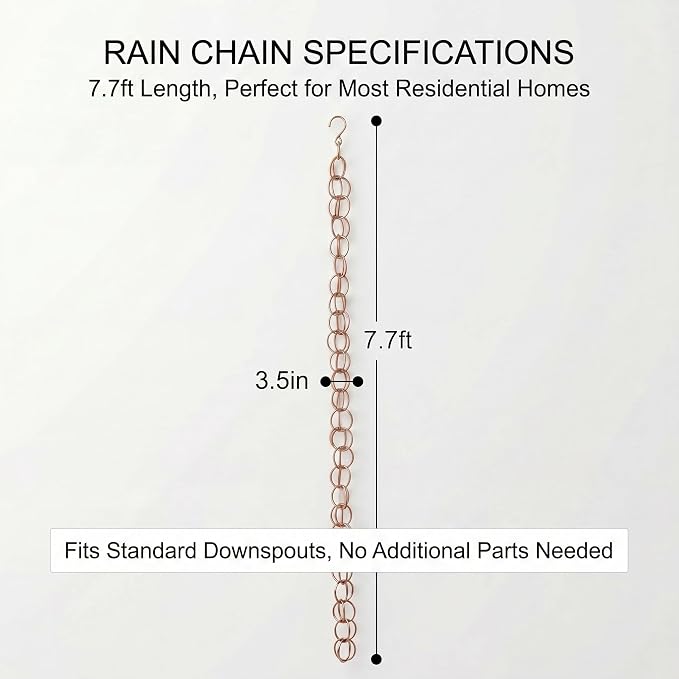 Topadorn 7.7FT Copper Double Ring Rain Chain, Modern Decorative Metal Downspout Replacement, Adjustable Outdoor Water Diverter for Garden, Patio & Porch