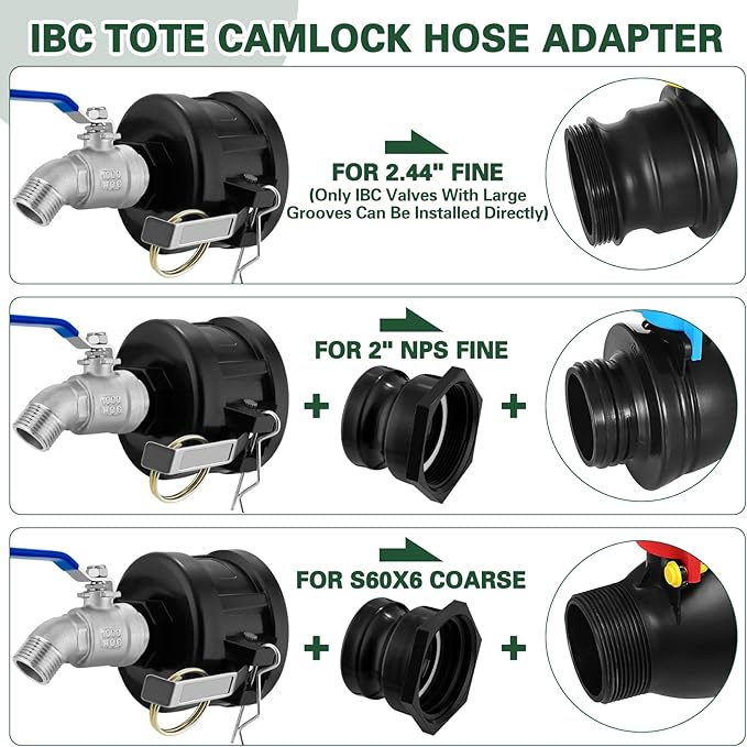 IBC Tote Hose Adapter, 2" Cam Lock for 275-330 Gallon IBC Tote Tank with 2packs Groove Fittings, IBC Tote Garden Hose Adapter with 304 Stainless Steel Hose Faucet (1/2'' Male Inlet ×3/4" Male)