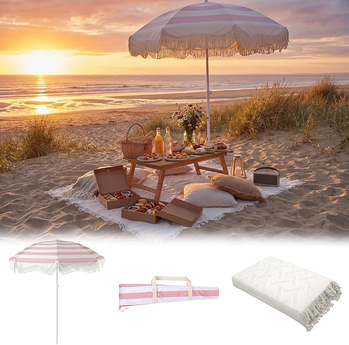 6.5 Ft Fringe Patio Umbrella and 71"x 91" Extra Large White Picnic Blanket UPF50+ Outdoor Tassels Ruffles Beach Umbrella with Steel Pole for Camping Patio Lawn Beach Park