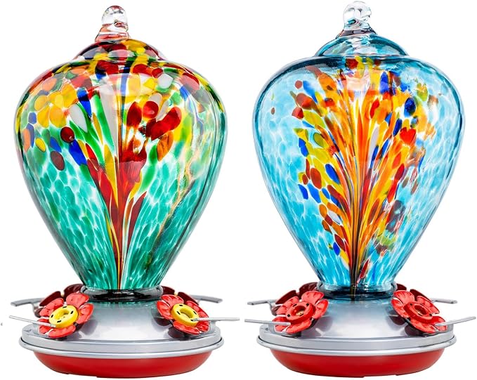 Muse Garden Gifts for Women Glass Hummingbird Feeder for Outdoors Hanging, Mother‘s Day Christmas Valentine Hummingbird Gifts for Women Mom, Ant Moat Included, 2 Pack, Turquoise and Comet | Muse Garden Gifts for Women Glass Hummingbird Feeder for Outdo...