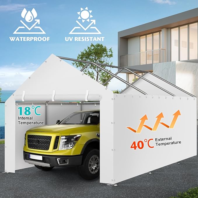 Carport Replacement Canopy Cover Sidewalls for 10x20x9.35FT Frame, Heavy Duty Garage Car Tent Shelter Tarp with Ball Bungees, Waterproof & UV Protected (Frame is not Included) (White)