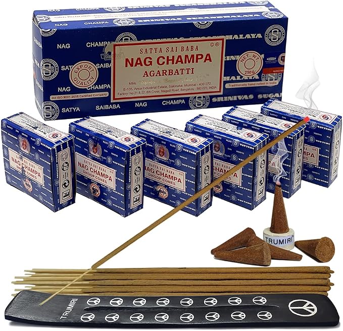Nag Champa Incense Sticks 250g and Cones Variety Pack with Burner Holder Bundle from Satya Incense 250g Trumiri for Smudging and Aroma