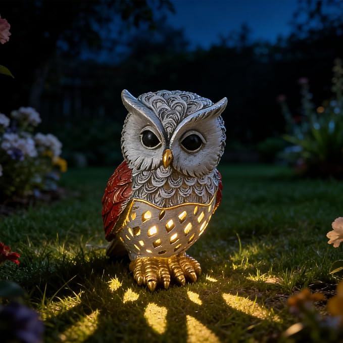 Solar Owl Garden Statues Outdoor Decor Resin Owl Figurine with LED Lights Owl Sculpture for Porch Patio Lawn Yard Decorations Christmas Housewarming Gifts for Women Mom,Brown Owl