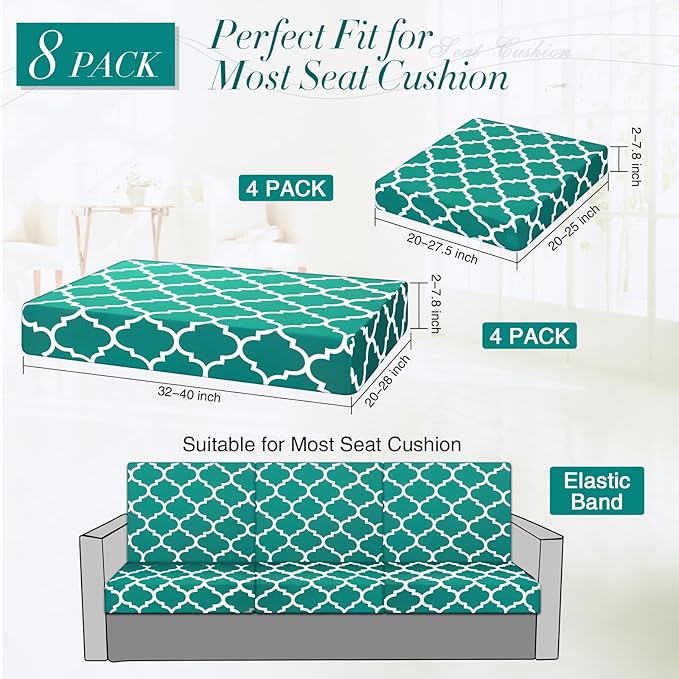 Newwiee 8 Pcs Stretch Patio Outdoor Cushion Covers Waterproof Replacement Sofa Couch Covers for 4 Backrests and 4 Cushions Washable Lawn Garden Seat Furniture Protector(Peacock Blue)