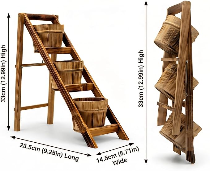 Rustic Foldable 3-Tier Wooden Planter - Space-Saving Vertical Plant Stand for Indoor/Outdoor (Patio, Balcony, Living Room)