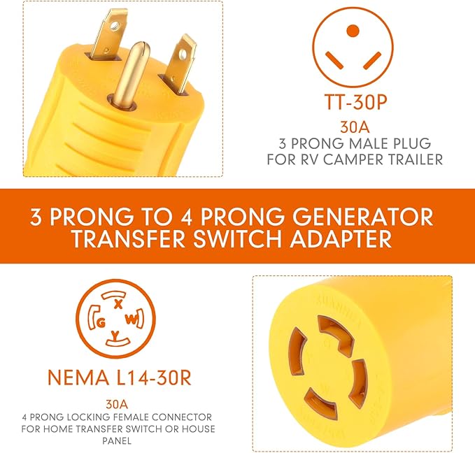 Kanayu NEMA TT-30P to L14-30R Generator Transfer Switch Adapter, 30 Amp 3 Prong to 4 Prong Lock RV Generator Plug Adapter to House Inlet Box(Yellow)