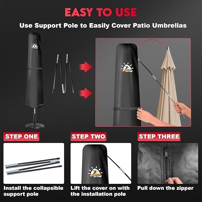 Zettum Patio Umbrella Cover - 600D Umbrella Cover Waterproof & Heavy Duty, Outdoor Umbrella Covers with Zipper, Large Patio Parasol Covers Provide All-Weather Protection, Fits Market Umbrellas 7-10 FT