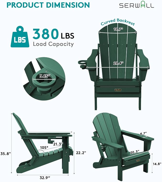 SERWALL Foldable Adirondack Chair Set of 2 for Patio Garden All Weather Adirondack Chairs with Cup Holder Outdoors Fire Pit Chairs-Green