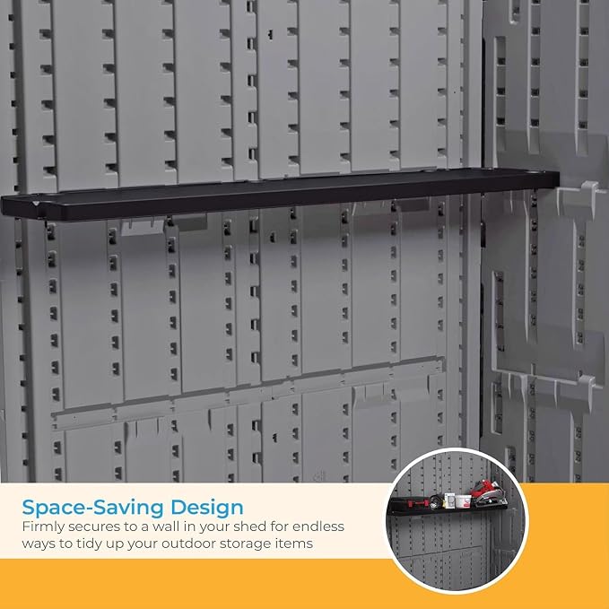 Suncast 2 Pack Horizontal/XL Vertical Shed Shelf Kit, Space Saving Shelving Wall Mount Outdoor Storage Structures, 50" W x 10.25" D x 1.25" H, Black