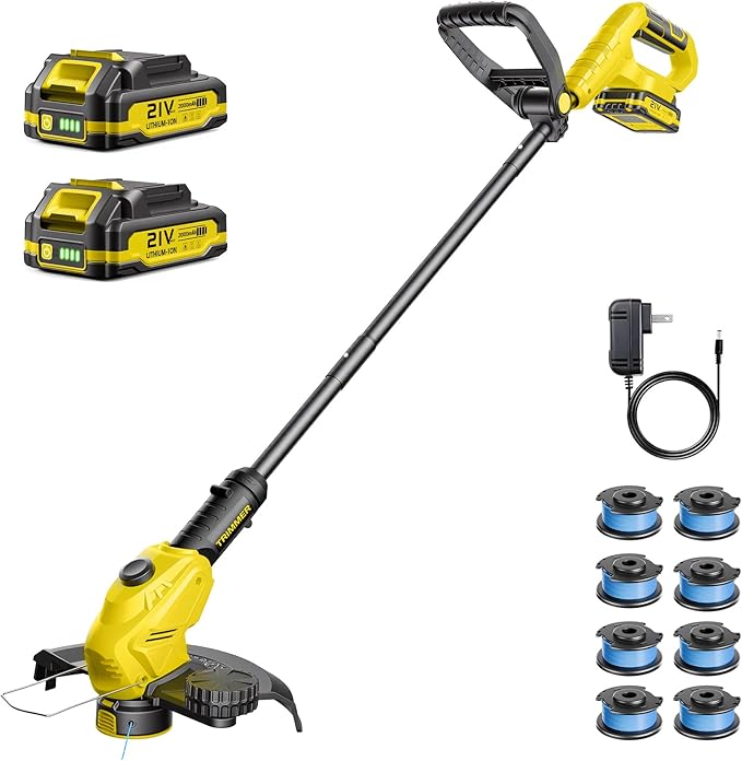 Cordless Weed Wacker, 21V Battery Powered Grass Trimmer & Edger 2-in-1, Electric Weed Wacker with 2 × 2.0Ah Batteries and 8 × Spare Spools, Lightweight Edger Lawn Tool for Yard & Garden