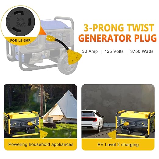 30 Amp to 110V Generator Adapter - NEMA L5-30P Male to 3 of 5-20R/5-15R Female, 3-Prong Twist Lock Plug with ETL Listed, Heavy-Duty 1FT Power Adapter Plug Cord for RV, Household, Outdoor Use