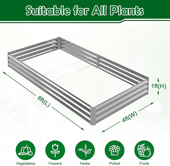8x4x1FT Galvanized Raised Garden Bed Outdoor Patio, Large Rectangular Metal Planter Boxes,Plant Container Kit for Gardening, Vegetables, Flowers, Herbs,Silver,1 Pack