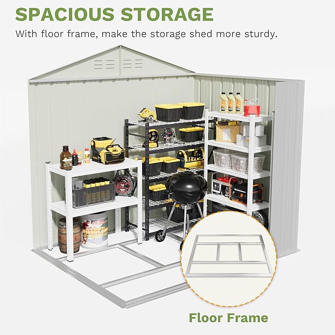 Patiowell 6x4 FT Outdoor Storage Shed with Floor Frame, Metal Garden Patio Sheds with Sloping Roof and Lockable Door, Waterproof Steel Tool Shed for Backyard Garden Lawn, White