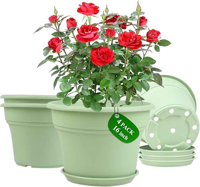 Pottiffe 16 inch Plastic-Flower-Pot-for-Indoor-Plants, 4 Pack Large Outdoor Planter Pot with Drainage Holes & Saucers, Resin Decorative Garden Pots Planters