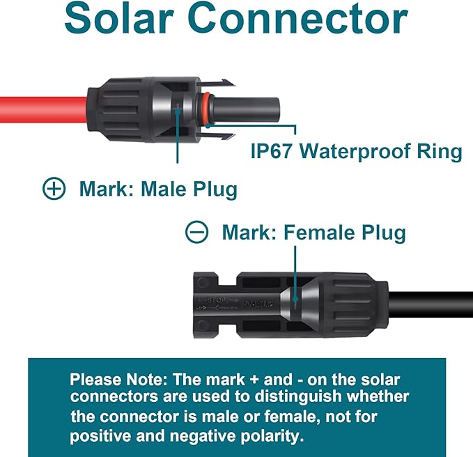 10AWG 20Feet Mc4 Extension Cable with Female and Male Connector, Solar Extension Cable with Extra Pair of Connectors for RV, Boat, Roof, Outdoor (20FT Red and 20FT Black)