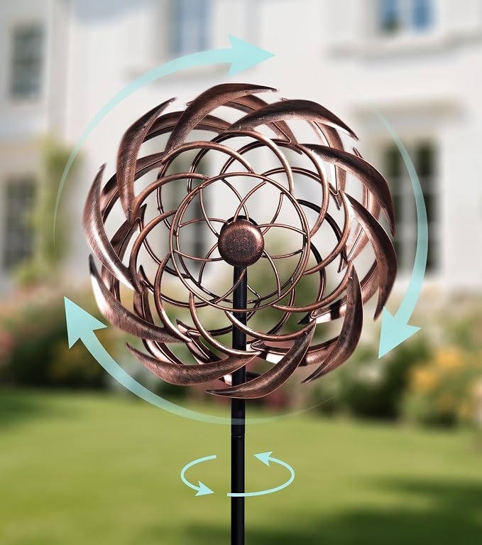 63" Copper Wind Spinner Metal Bronze Antique Clockwork Garden Yard | Antique Garden Art, Rustproof bronze sundial spinner, Whisper-quiet dual-bearing kinetic motion, Stable 5-prong stake