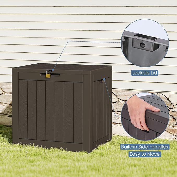 31 Gallon Capacity Deck Box, Outdoor Waterproof Resin Lockable Storage Box for Patio Cushions, Gardening Tools, Pool Accessories Container - Brown