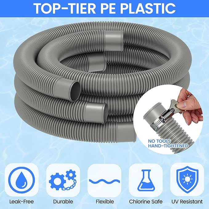 Poolvio 1.5" x 59" Above Ground Pool Hoses, 3-Pack, Gray- Heavy Duty UV Resistant Leak-Proof Replacement Hoses with 6 Metal Thumb Clamps, Perfectly Fits Intex Filter Pumps & Pool Surface Skimmers