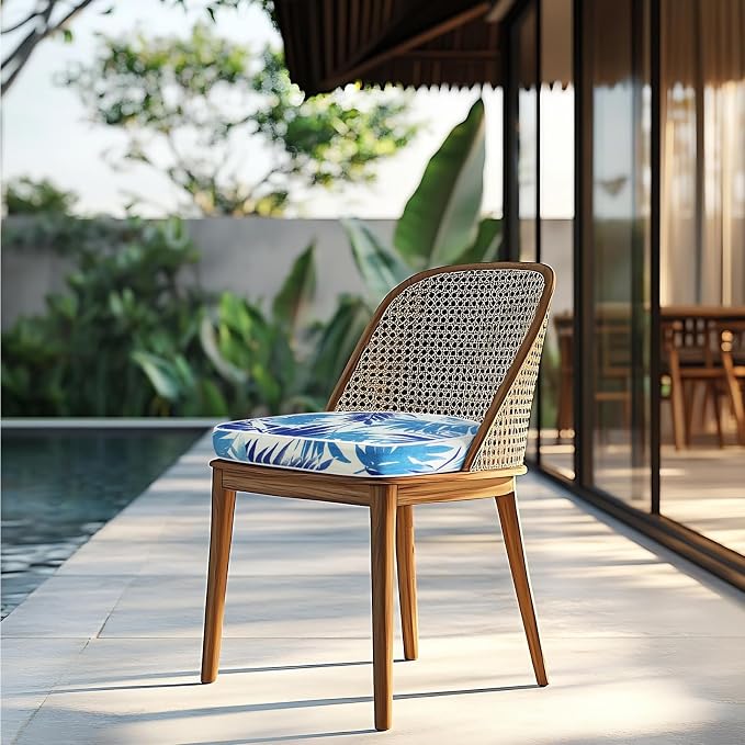 Outdoor Chair Cushions Set of 2, 19x19 Inch U-Shape Patio Seat Cushions with Ties, Water & Fade Resistant High Density Foam Cushions for Garden Patio Chairs, Blue Leaf