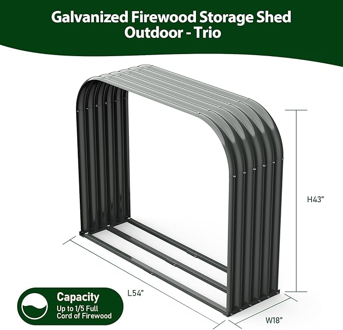 ANLEOLIFE Galvanized Steel Firewood Rack with Weatherproof Corrugated Roof (Shed-Style Log Storage), Heavy Duty Outdoor Log Holder, Rust Resistant, Trio Gray, 18"D x 54"W x 43"H