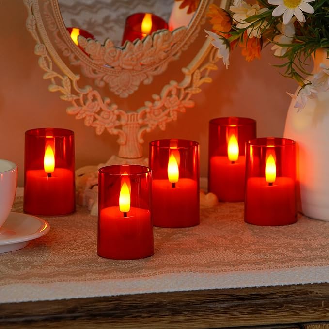 Flameless Small Tea Light LED Candles, Acrylic Battery Operated Votive 1.7" x2.5" with Remote Control and Timer, Tealight Red Flickering Warm Light Pack of 8 Electric Long Lasting