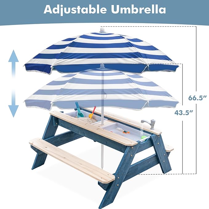 Kids 3-in-1 Sand & Water Table, Wood Outdoor Convertible Picnic Table w/Umbrella, 2 Trays, Removable Top with Faucet, Picnic Table for Outdoor Playset (Blue/Navy)