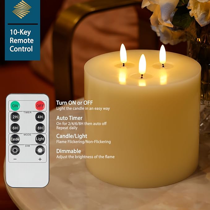 Extra Large Flameless Pillar Candle 6x6, 3 Wick Battery Operated LED Candle with Remote & Timer, 3D Triple Flame Real Wax Shell Candle for Cozy Home Decor
