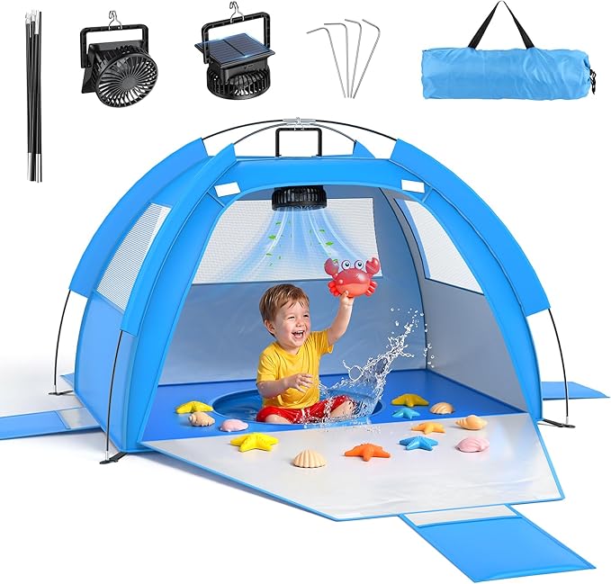 Baby Beach Tent Solar Cooling Fan, Anti-UV Toddler Beach Tent Sun Shelter Portable Travel Fan Beach Shade Tent, Baby Play Tent Built-in Ceiling Fan Sun Shelters Toddler Beach Essentials