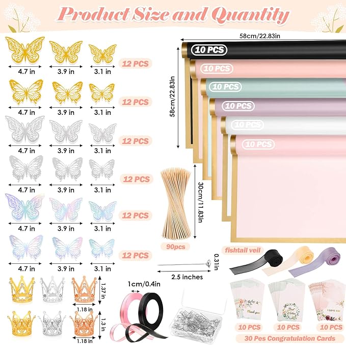 366 pcs Flower Bouquet Wrapping Paper,Waterproof Flower Floral Wrapping Paper Bouquet Sheets With Ribbons Pins 3D Butterflies and Crowns for Florist Wrap