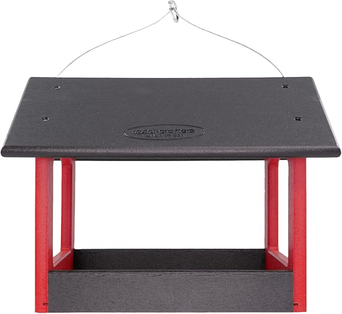 DutchCrafters Amish USA Made Recycled Plastic Large Hanging Modern Fly Through Covered Roof Open Platform Tray Bird Feeder for Outdoors, Garden, Yard (Black & Red)