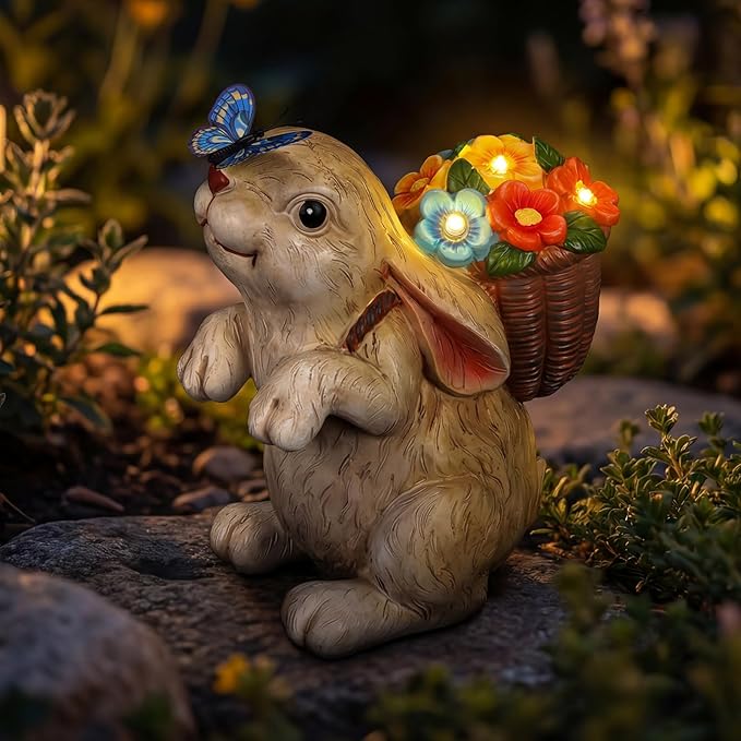PETAFLOP Solar Garden Statues Outdoor Decor, Rabbit with Flower Basket & Butterfly Birthday for Patio Balcony Backyard Lawn Yard Decorations, Housewarming Gifts for Women, Mom, Grandma