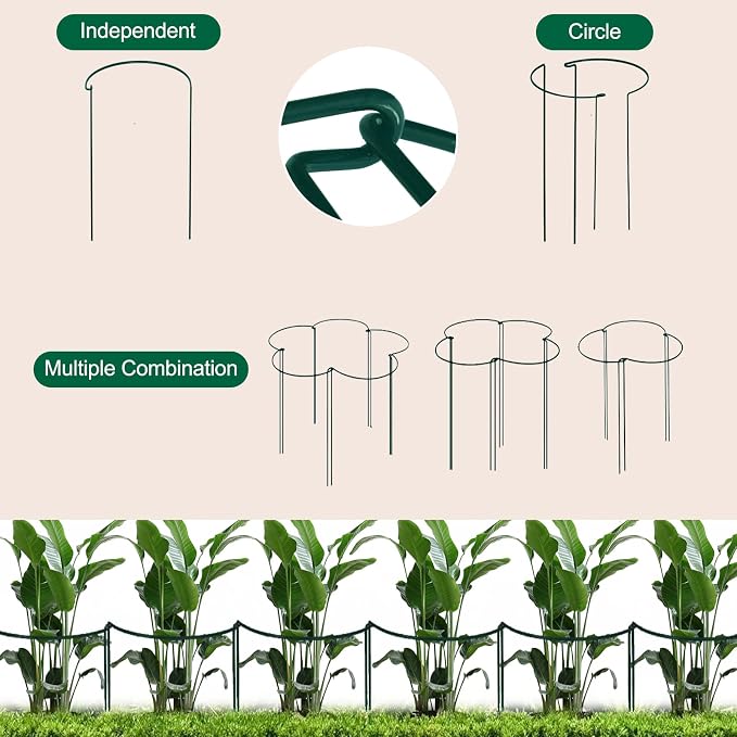 Tall Heavy-Duty 24in Plant Support Stakes - 8 Pack Adjustable Peony Cages & Supports for Outdoor Plants, Half-Round Garden Stakes for Hydrangea, Roses with Extension Stakes
