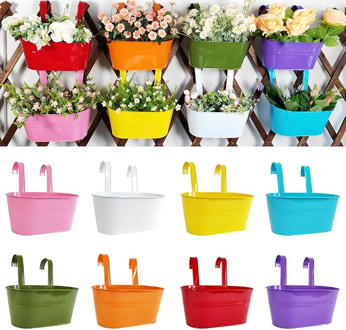 8 Pack Hanging Planters 10", Colorful Metal Bacony Railing Planter for Outdoor Decor, Countryside Fence Pot Flower Bucket for Rails Patio Garden, Plant Pot for Herb (9.8", Pack of 8)