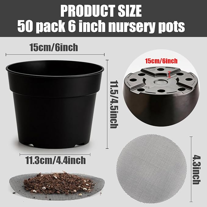 RooTrimmer 50 Pack 6 Inch Nursery Pots, Plastic Flower Pots, Thick Plant Pots with Drainage Hole for Planting Outdoor/Indoor Plants Succulent Herb (Black)