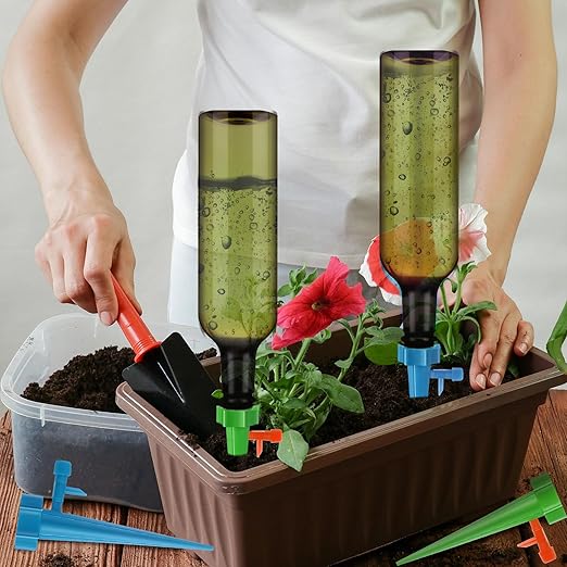 SiliFine 8 Set Plant Watering Devices with Self Watering Spikes and 26 oz Plastic Bottles Plant Waterer Devices with Adjustable Control Valve Switch Indoor Outdoor (Green)