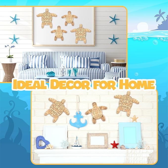 Threehoney 4 Pcs Sea Turtle Beach Theme Decor Handmade Wicker Turtle Wall Decor Sea Life Hanging Wall Art Coastal Nautical Sculpture Table Decoration for Boho Bathroom Indoor Outdoor Ornament