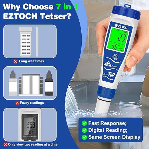 pH Chlorine Salt Tester for Pool, Salinity pH Meter for Saltwater Pool, 7 in 1 pH Salt Free Chlorine Tester Digital ORP PPM EC Tester for Swimming Pool, Hot Tub, Spa, Aquarium, Hydroponic