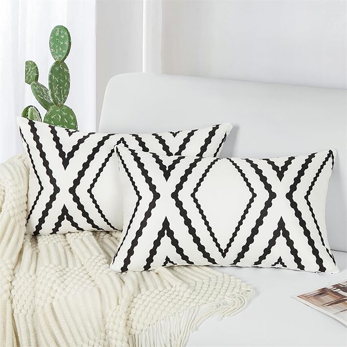 Adabana Outdoor Lumbar Waterproof Pillow Covers Set of 2 Boho Geometric Throw Pillows Cover for Patio Garden 12 x 20 Inch White