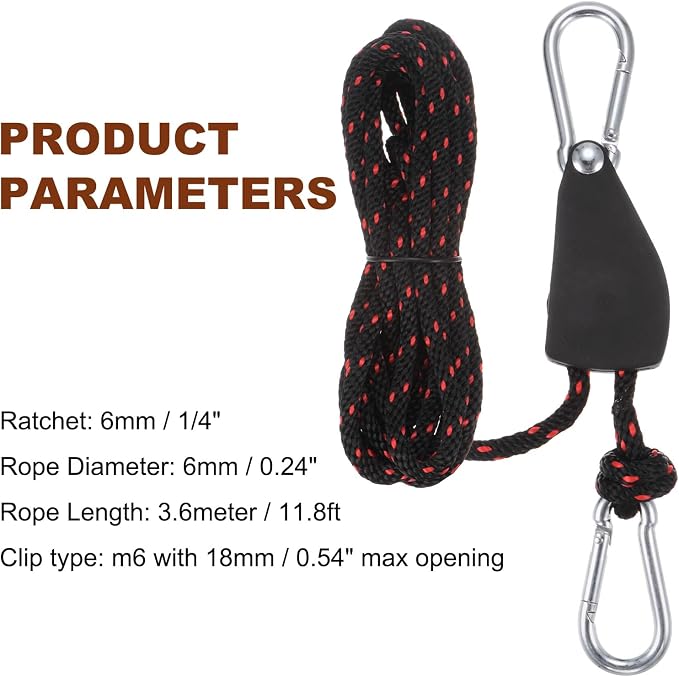 uxcell 2pcs 1/4" (6mm) Adjustable Rope Hanger with Metal Gears 11.8ft (3.6meter) Strap, Ratcheting Pulley System Bungee Cord for Hanging Plants Grow Light and Various Tie-Down Use