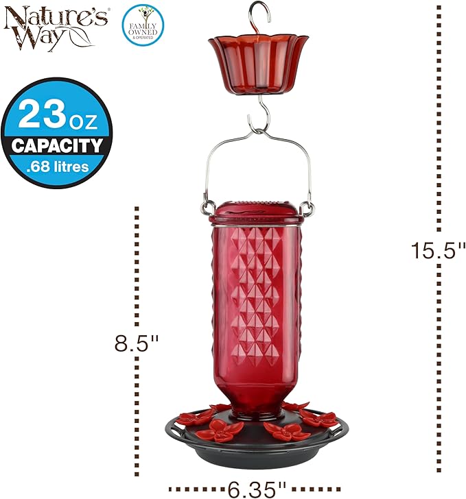 Nature’s Way Poppy Column Antique Red Glass Gravity Hummingbird Feeder with Ant Moat, 23 Ounce Capacity, 6 Flexible Red Lilac Flower Ports, Continuous Perch Ring, Easy-Clean Pewter Plastic Base