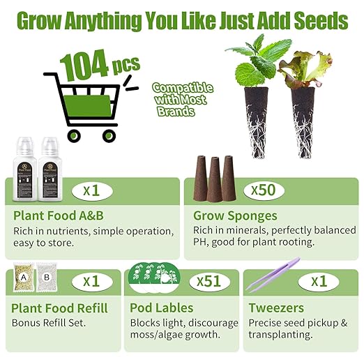 105 Pcs Grow Sponges and Hydroponics Plant Food Compatible with Aero Garden and All Brands - Seed Pods Lables and Indoor Plant Fertilizer for Z214 Indoor Garden Hydroponics Growing System