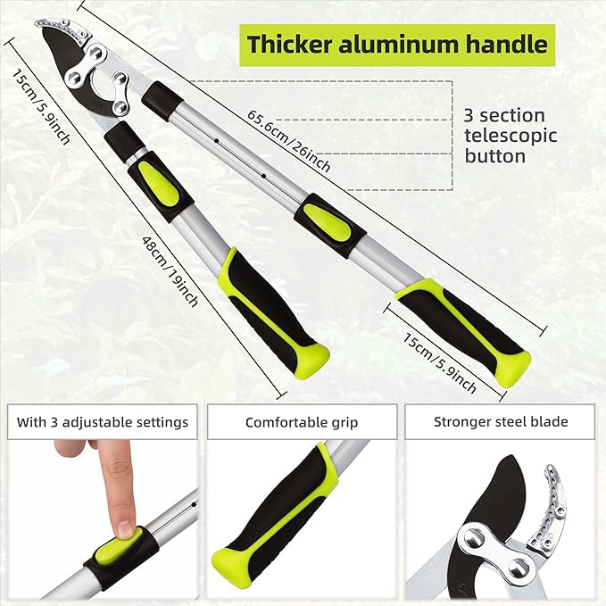 YRTSH Loppers for Tree Trimming Heavy Duty Branch Cutter with Compound Action, Effortless Tree Pruner Extendable 21-26" Loppers for Gardening, Long Handle Pruning Shears with 1.6" Clean Cut Capacity