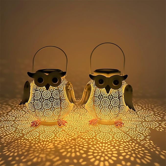 2 Pack Hanging Solar Lanterns - Garden Light Waterproof Metal Decorative Solar Lantern Lights Outdoor for Patio Yard Table Pathway (White owl 2pk)