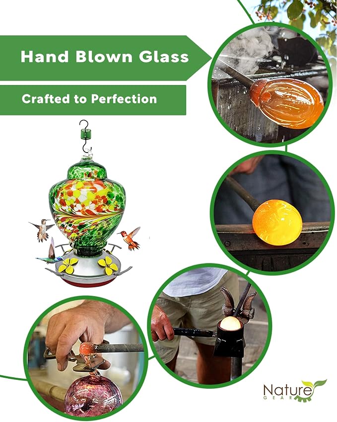 Nature Gear Glass Hummingbird Feeder for Outdoors, Hanging Bird Feeder with Ant Moat, Hand-Blown Glass Garden Feeder, Easy Clean Wide Mouth, Rust Resistant, 38 oz, Emerald Green